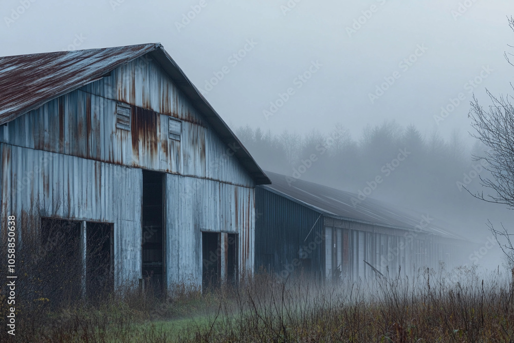 Obraz premium Foggy morning at an old barn in a rural landscape