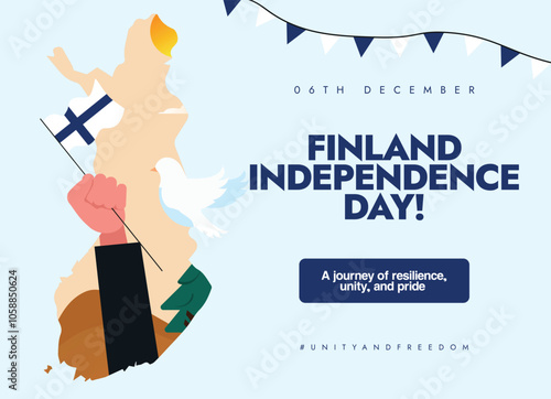 Finland independence day, 6th December conceptual banner, post. Independence day of Finland with a hand holding its flag, map. The day recalls when country got freedom from Russia Empire in 1917. 