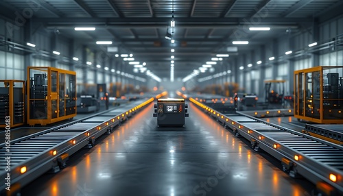 A spacious industrial warehouse with conveyor belts and automated machinery, illuminated by bright lights, showcasing a modern logistics environment.