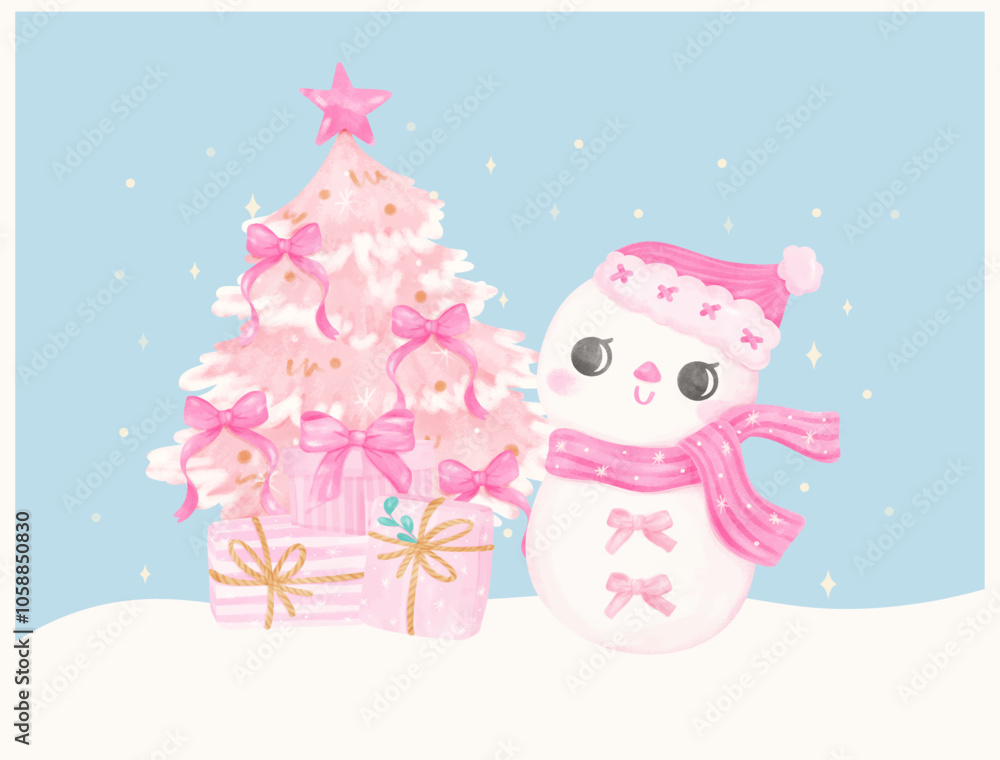 Coquette Christmas Snowman and Pink pine tree Pastel watercolor hand painting Coquette Christmas Snowman and Pink pine tree Pastel watercolor hand painting
