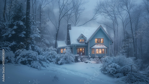 House in snow, blue color theme, cozy environment