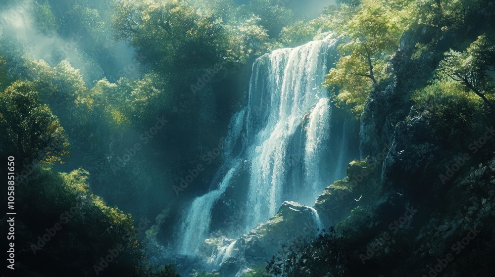 Majestic Waterfall in Lush Forest Majestic Waterfall in Lush Forest