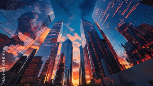 Skyscrapers reflecting vibrant colors of sunset, creating a modern and dramatic city view