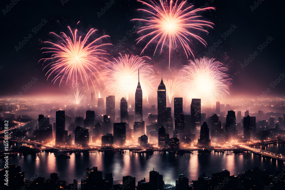 Fototapeta premium firework in city night celebrate new year background