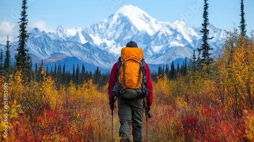 Scenic mountain landscape with a hiker, travel adventure, freedom in nature