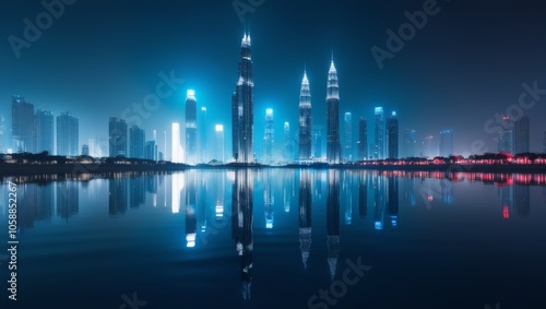 Tall buildings with neon lights reflect in calm water, showcasing a vibrant, futuristic cityscape