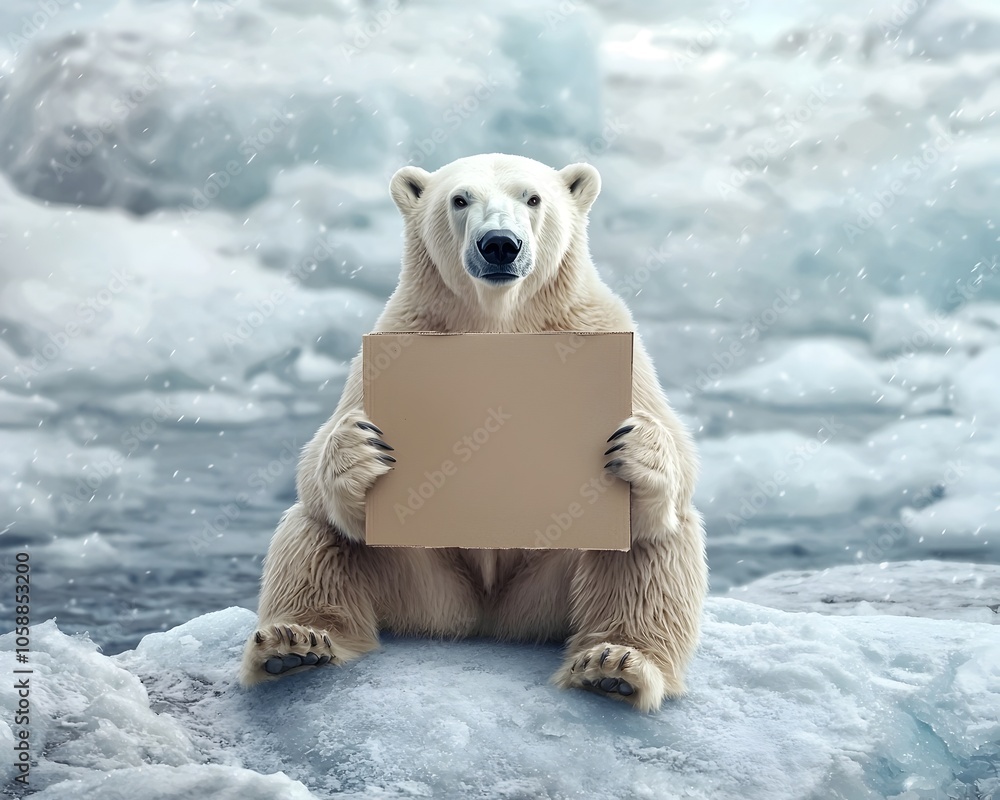 Polar Bear Holding Blank Cardboard Sign on Melting Arctic Glacier Polar Bear Holding Blank Cardboard Sign on Melting Arctic Glacier