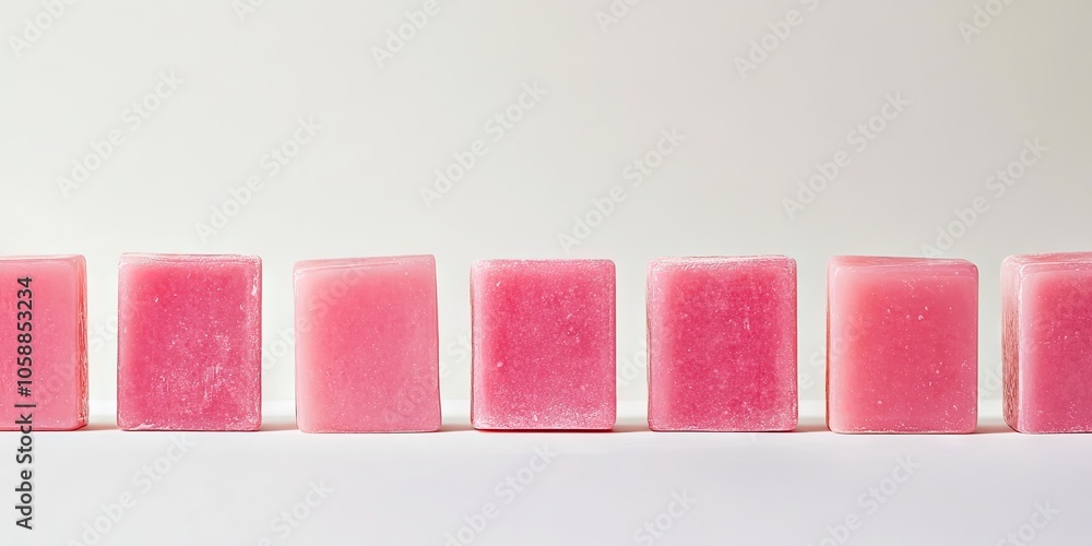 A line of shiny pink bar soap is arranged against a white backdrop, showcasing a clean and simple product presentation that emphasizes minimalism. A line of shiny pink bar soap is arranged against a white backdrop, showcasing a clean and simple product presentation that emphasizes minimalism.