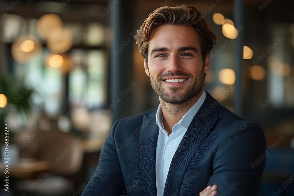Smiling Mature Businessman in Navy Blue Suit and Tie - Casual Workplace Portrait. Smiling Mature Businessman in Navy Blue Suit and Tie - Casual Workplace Portrait.