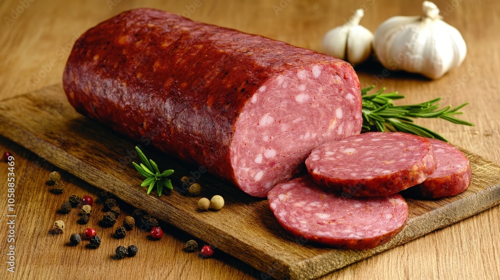 Smoked Salami Sausage on Rustic Wooden Board with Herbs and Spices Smoked Salami Sausage on Rustic Wooden Board with Herbs and Spices