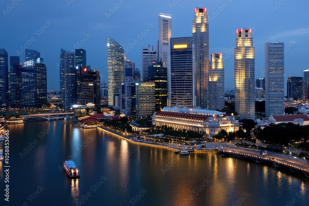 Fototapeta premium A stunning nightscape features a city skyline, where illuminated skyscrapers reflect on a tranquil river, portraying urban elegance.