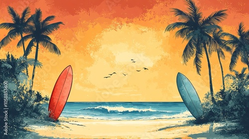 Surfboards and palm trees create hand-drawn pattern perfect for summer or beach-themed designs