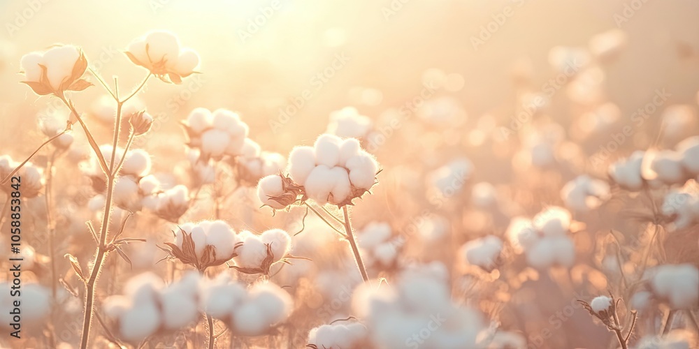 Fragile cotton flowers gently bloom in a sunlit cotton field, showcasing the natural beauty of cotton amid the warm rays of sunlight in the vast landscape. Fragile cotton flowers gently bloom in a sunlit cotton field, showcasing the natural beauty of cotton amid the warm rays of sunlight in the vast landscape.