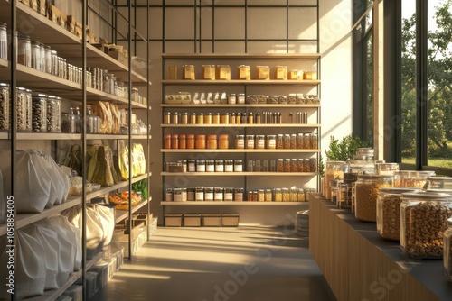 Zero-Waste Store with Plastic-Free Essentials, A photo-realistic image of a zero-waste store, where shelves are stocked with plastic-free essentials like cloth bags, metal straws photo