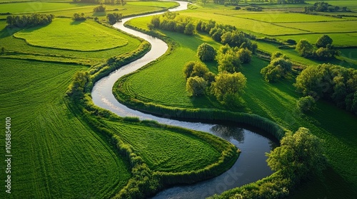 Aerial view of a meandering river in the Netherlands, surrounded by lush green agricultural fields and dotted with trees, creating a picturesque landscape with ample copy space.