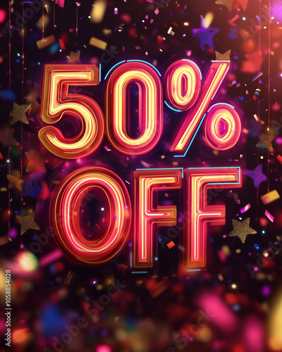 50% Off Sale Neon Sign with Confetti on Dark Background