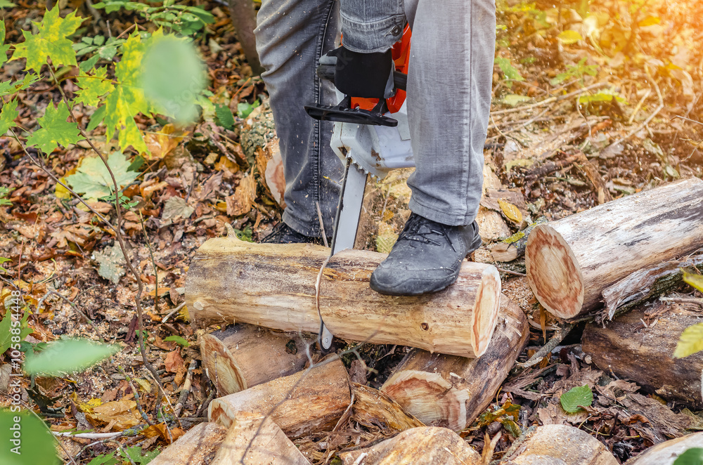 Specialist cuts tree with chainsaw, standing on log. Seasonal clearing of the forest. Autumn day. Specialist cuts tree with chainsaw, standing on log. Seasonal clearing of the forest. Autumn day.