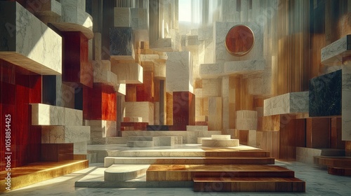 Fototapeta Naklejka Na Ścianę i Meble -  Abstract modern architecture with geometric shapes,  bright colors, and light and shadow.