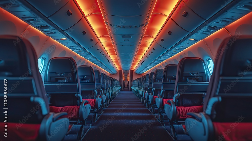The aisle between rows of passenger seats aboard an international aircraft is captured, showing the interior layout The aisle between rows of passenger seats aboard an international aircraft is captured, showing the interior layout