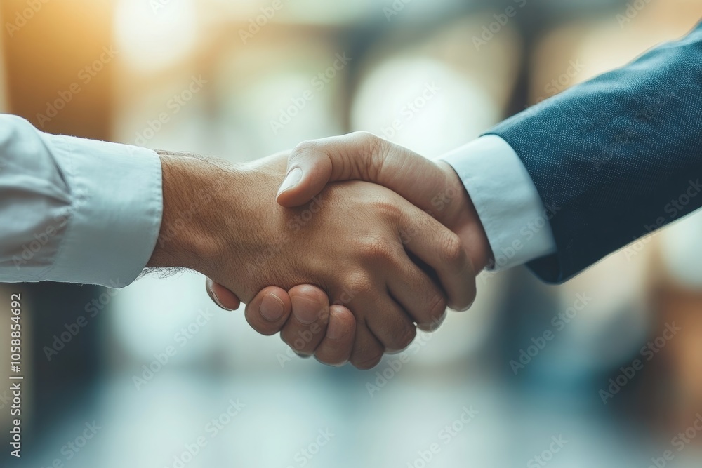 Two businessmen shaking hands together after contract agree complete, Generative AI Two businessmen shaking hands together after contract agree complete, Generative AI