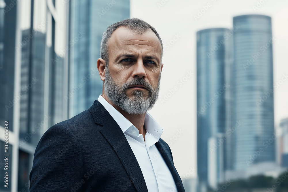 Serious, mature businessman with a well-groomed beard stands outside a glass skyscraper, embodying confidence and success in urban corporate life.