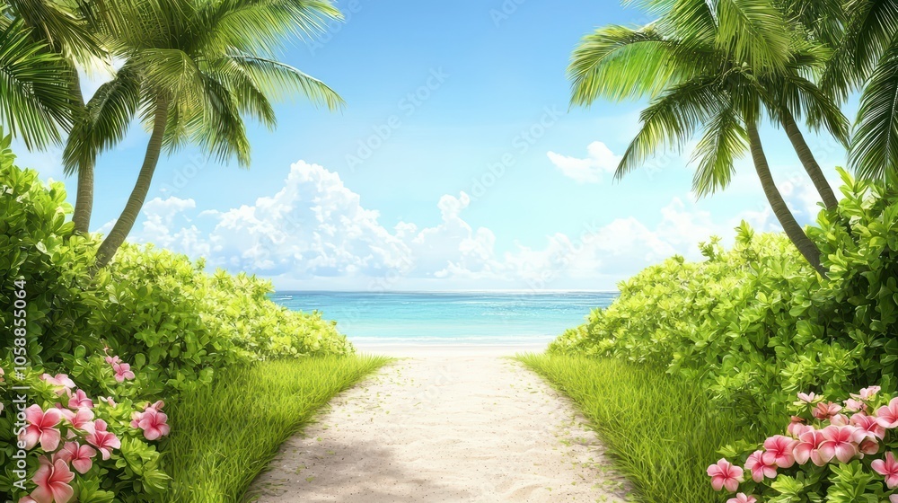Tropical pathway leading to a serene beach, surrounded by lush greenery and colorful flowers against a blue sky. Tropical pathway leading to a serene beach, surrounded by lush greenery and colorful flowers against a blue sky.