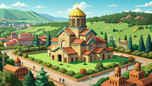 Aerial view of the majestic Holy Trinity Cathedral surrounded by greenery and a scenic pathway, Avlabari, Tbilisi, Georgia.