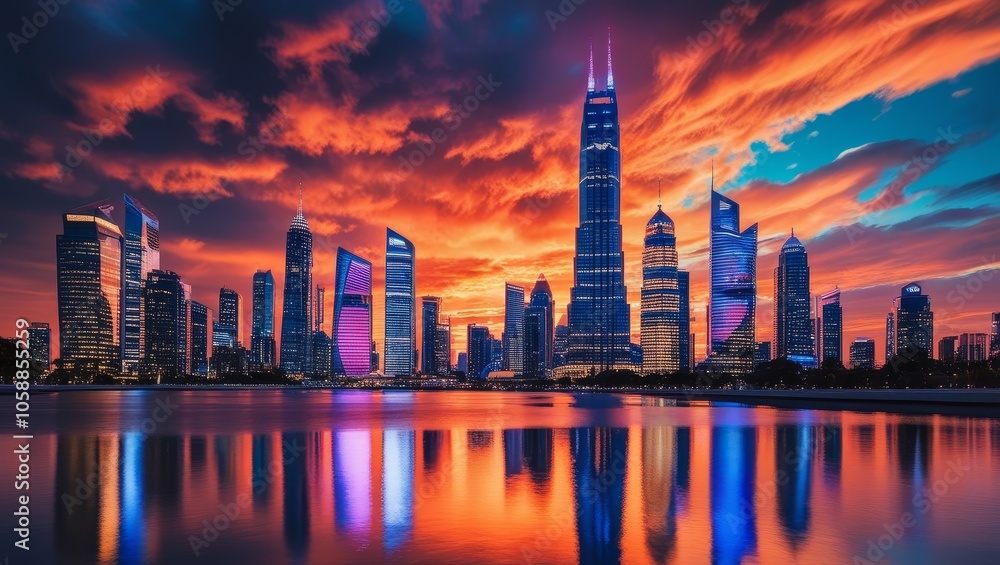 Fototapeta premium Sunset over a reflective cityscape, skyscrapers glowing against orange and blue skies