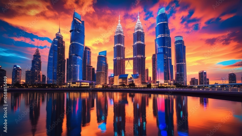 Fototapeta premium City skyline with modern buildings at sunset, reflecting on the calm water below