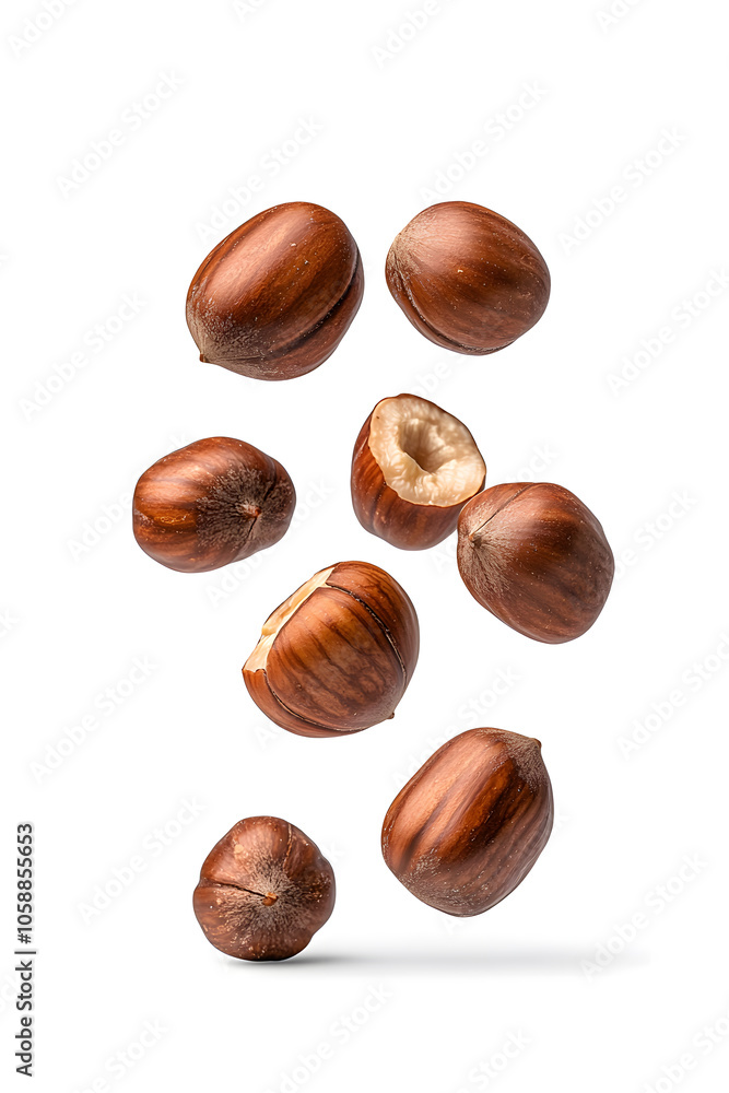 Floating pieces of roasted chestnuts, isolated on white background Floating pieces of roasted chestnuts, isolated on white background