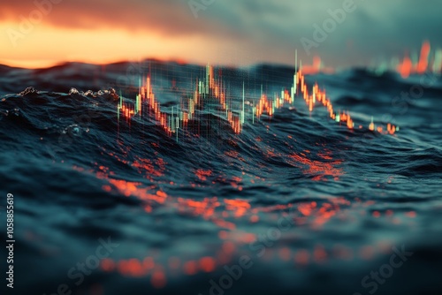 Digital stock market over stormy ocean and sun