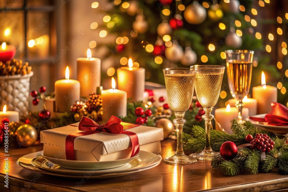Elegant Christmas Table Setting with Candles, Champagne Flutes, and Gifts for a Glamorous Romantic Dinner Elegant Christmas Table Setting with Candles, Champagne Flutes, and Gifts for a Glamorous Romantic Dinner