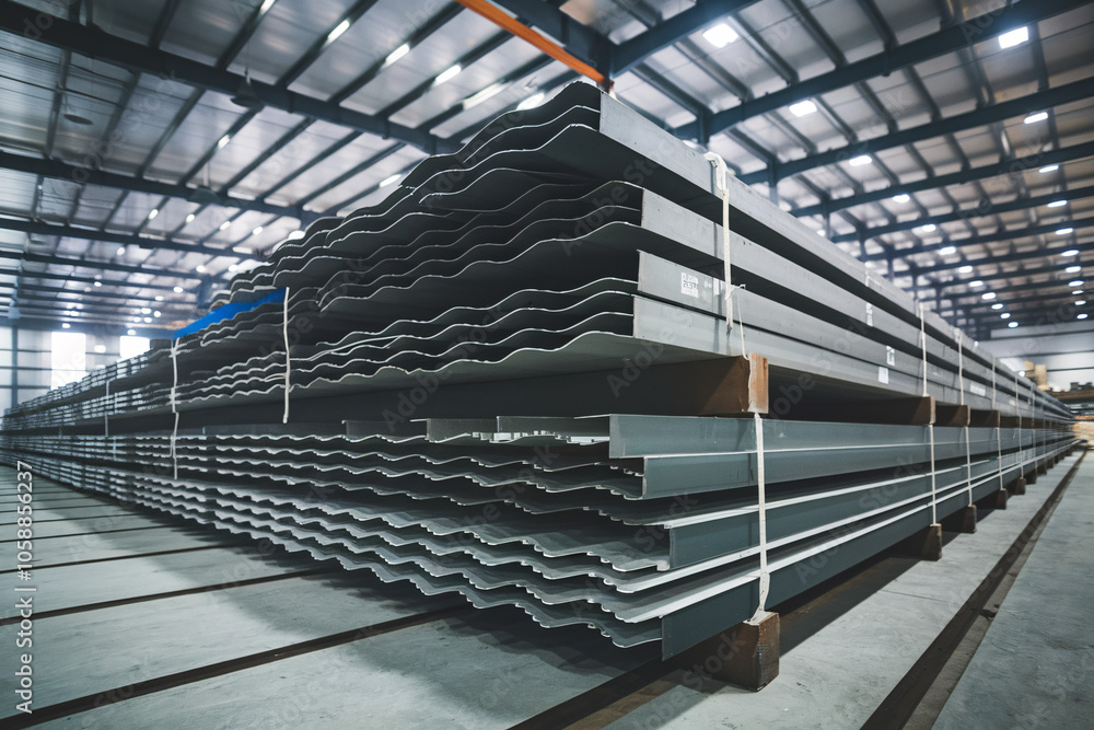 Fototapeta premium Stacked Metal Sheets in Industrial Warehouse. A close-up view of a stack of corrugated metal sheets secured with wooden planks in a factory setting.
