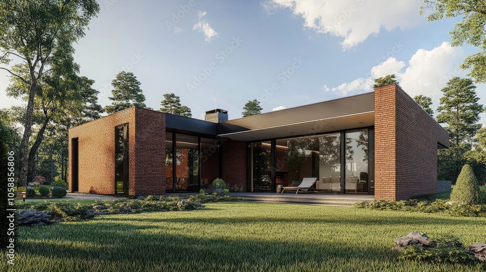 Modern brick house with large windows and a flat roof, surrounded by lush green trees. The house is designed for a modern lifestyle. Modern brick house with large windows and a flat roof, surrounded by lush green trees. The house is designed for a modern lifestyle.