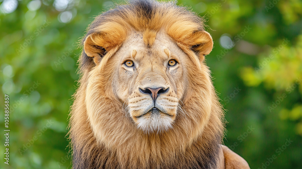 A majestic lion with a thick golden mane looking straight into the camera, set against a vibrant green natural backdrop that highlights its regal presence. A majestic lion with a thick golden mane looking straight into the camera, set against a vibrant green natural backdrop that highlights its regal presence.