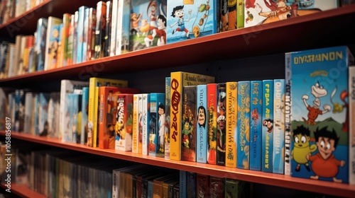 covers cartoon books on shelf