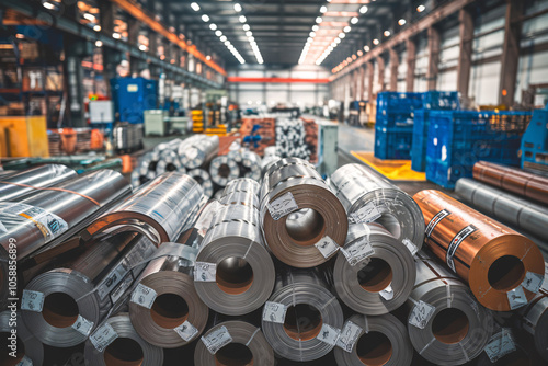 Rolls of Sheet Metal in a Factory: Industrial Production and Manufacturing. A large warehouse filled with rows of metal coils and blue crates, featuring a high ceiling with bright lights.