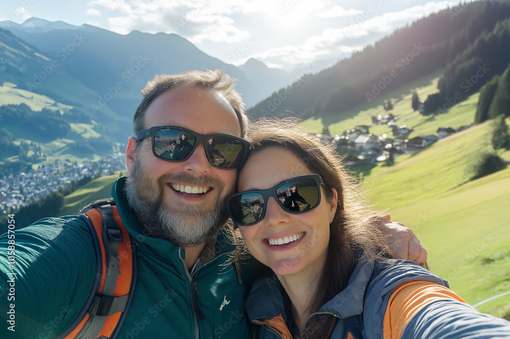 Smiling couple taking a selfie with a stunning mountain landscape in the background, capturing the joy of outdoor adventures and scenic views. Smiling couple taking a selfie with a stunning mountain landscape in the background, capturing the joy of outdoor adventures and scenic views.