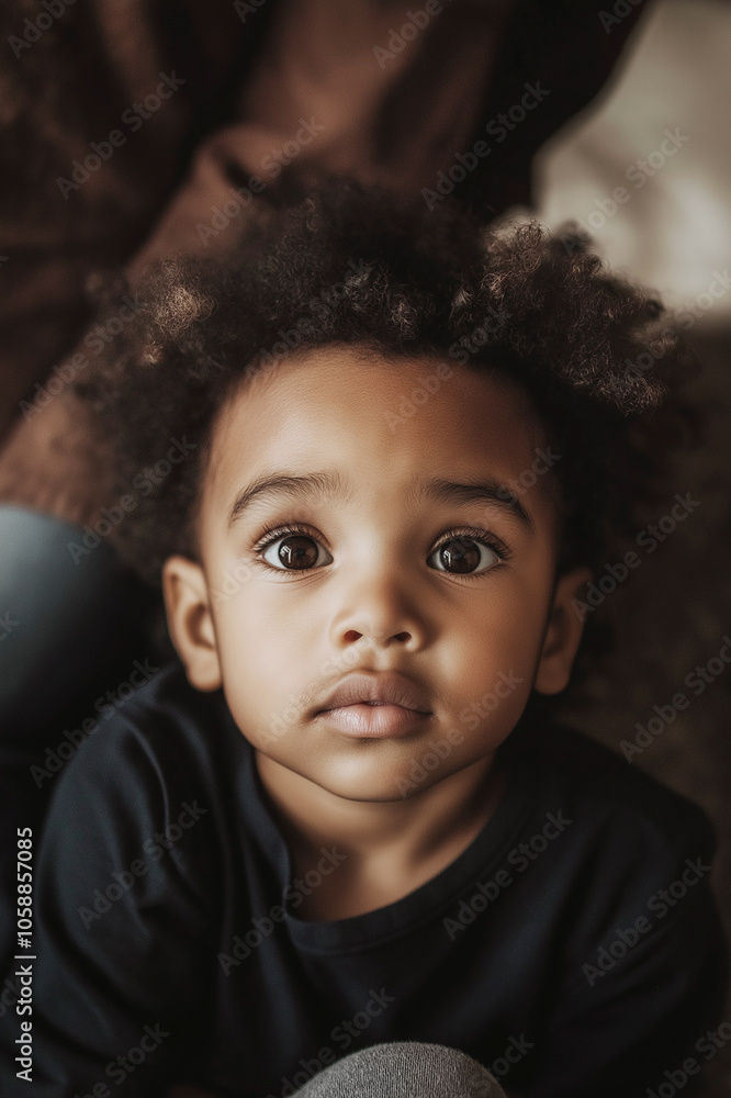 Close-up portrait of a curious baby with big expressive eyes gazing intently, conveying innocence and wonder in a softly lit indoor setting.