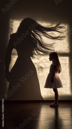 A young girl stands in a room and looks in surprise at her shadow, which depicts a young woman as a superhero. Symbol for the growing up and development of young people