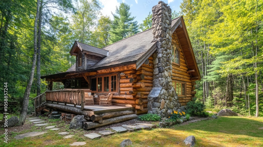 Obraz premium A charming log cabin with a stone chimney nestled amongst lush green trees.