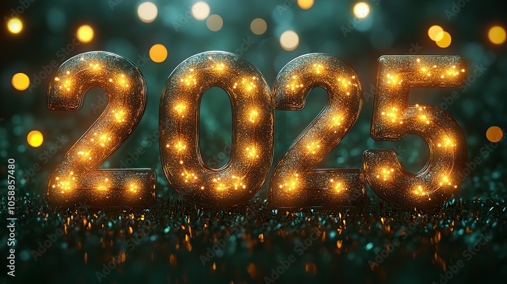 The number 2025 displayed with festive light bulbs on green background, celebrating Christmas and New Year holidays, with golden lights as banner template for posters or greeting cards The number 2025 displayed with festive light bulbs on green background, celebrating Christmas and New Year holidays, with golden lights as banner template for posters or greeting cards