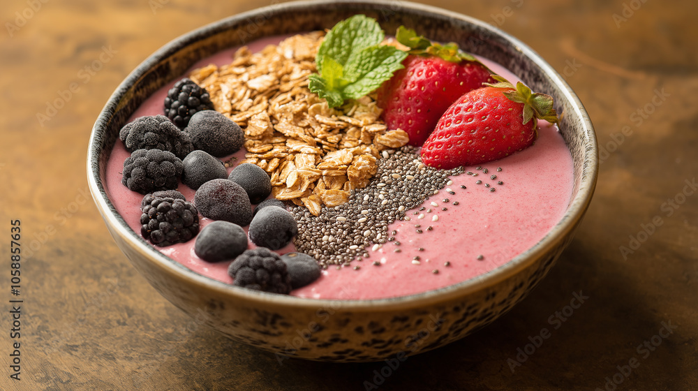 Smoothie Bowl Topped With Granola, Chia Seeds, and Fresh Berries, Arranged in a Colorful and Healthy Display Smoothie Bowl Topped With Granola, Chia Seeds, and Fresh Berries, Arranged in a Colorful and Healthy Display