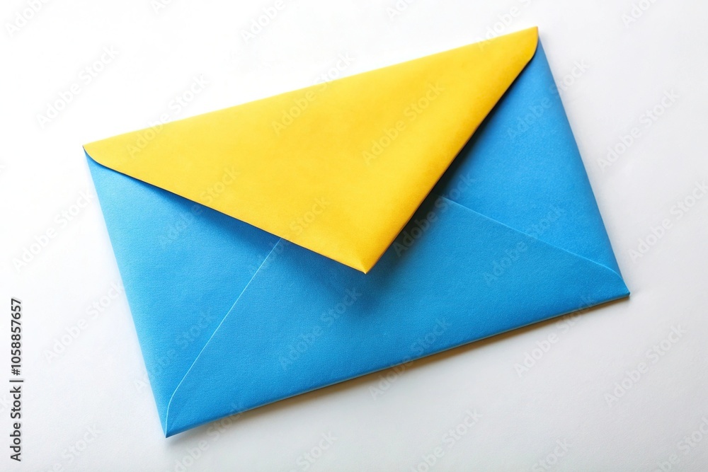 Tilted angle yellow and blue envelope on white background Tilted angle yellow and blue envelope on white background
