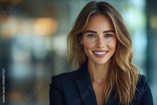 Smiling Woman in Black Blazer with Freckles and Green Eyes