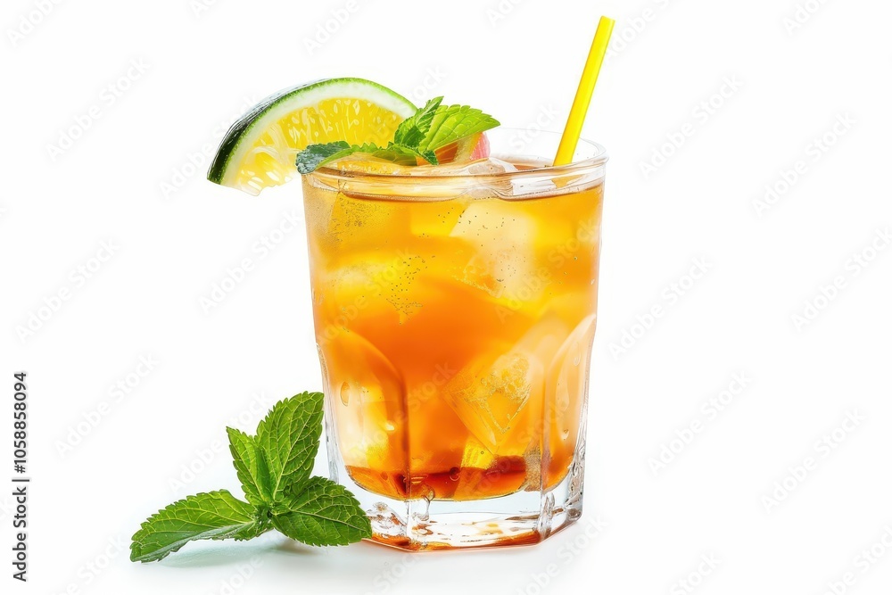 Delicious mai tai cocktail in glass against white backdrop Delicious mai tai cocktail in glass against white backdrop