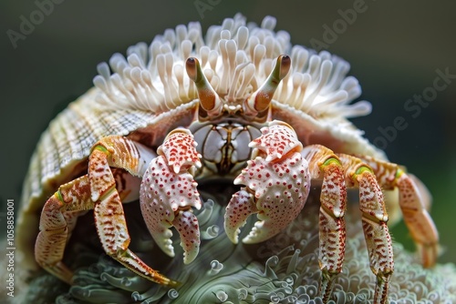 Crab with anemone on shell photo