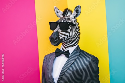zebra in black sunglasses in a suit on a plain background. strong happy emotions. different tones. on a bright multi-colored background. 