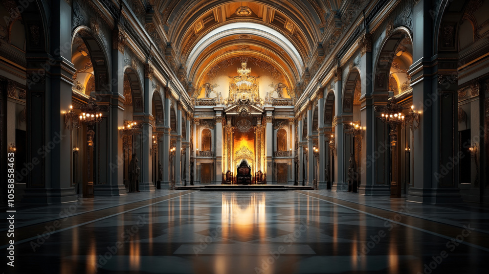 Fototapeta premium Ornate grand hall with high arched ceilings and elaborate decorative elements featuring a prominent throne under golden lighting, reflecting opulence and majesty in classic architectural style.