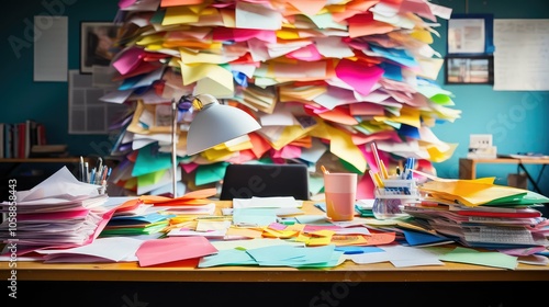 organizati pile of papers on desk photo